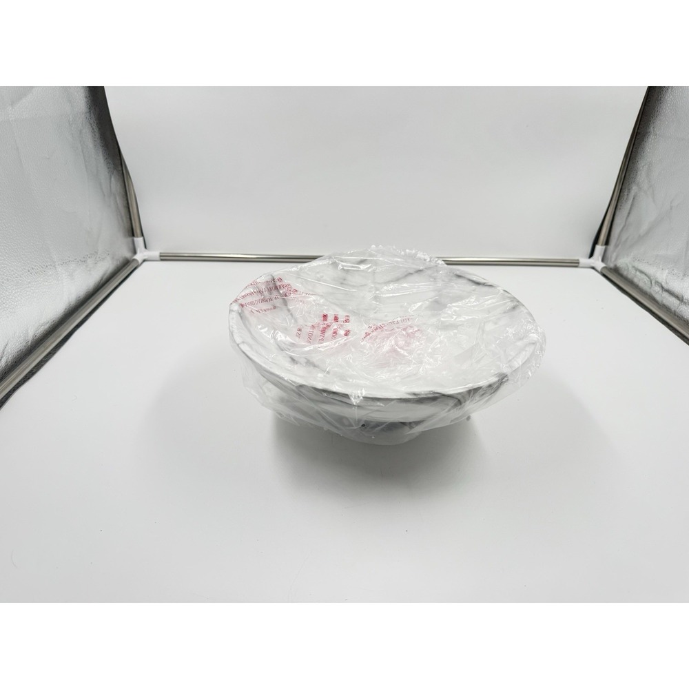 White Marble Texture Decorative Bowl with Acacia Wood Base – 11" Modern Pedes...